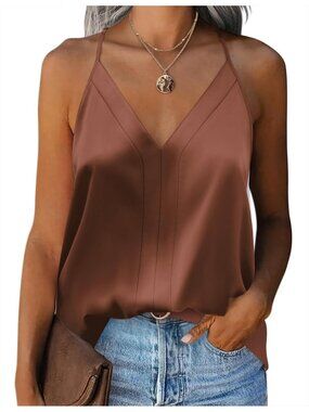 Women's Brown Sleeveless V Neck Silk Satin Causal Pull On Blouse Tank Tops